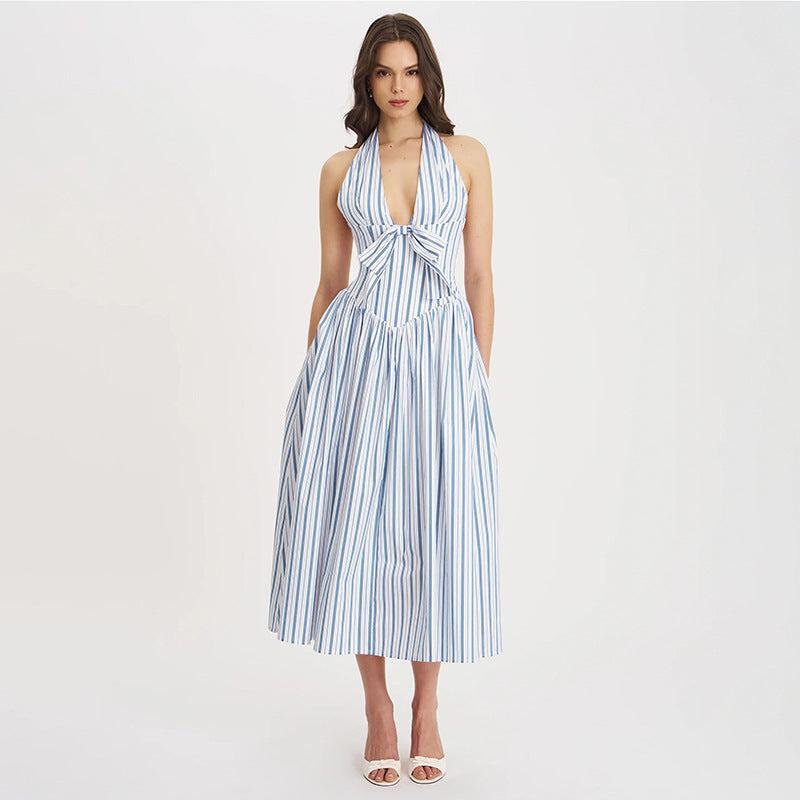 Summer Adult Lady like Woman Sexy High Sense French Bow Halter Backless Striped Dress