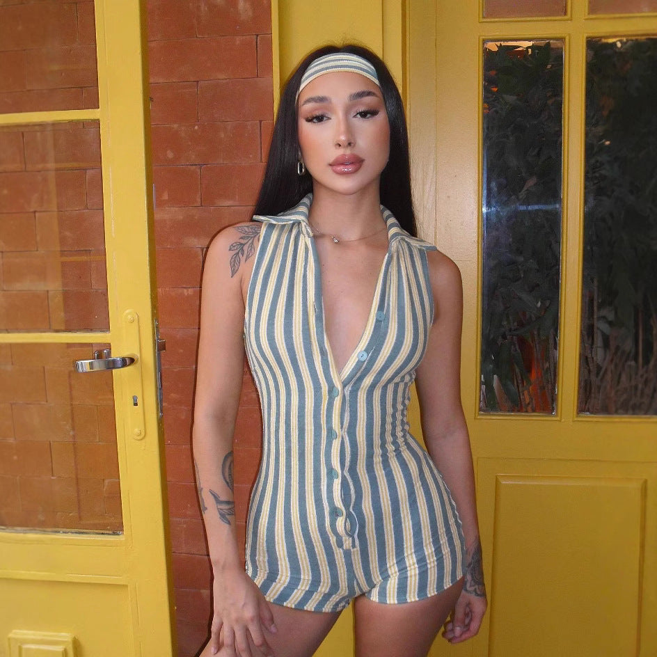 Casual Collared Breasted Slim-Fit Sleeveless Jumpsuit Striped Contrast Color Street Hip Wrapped Jumpsuit