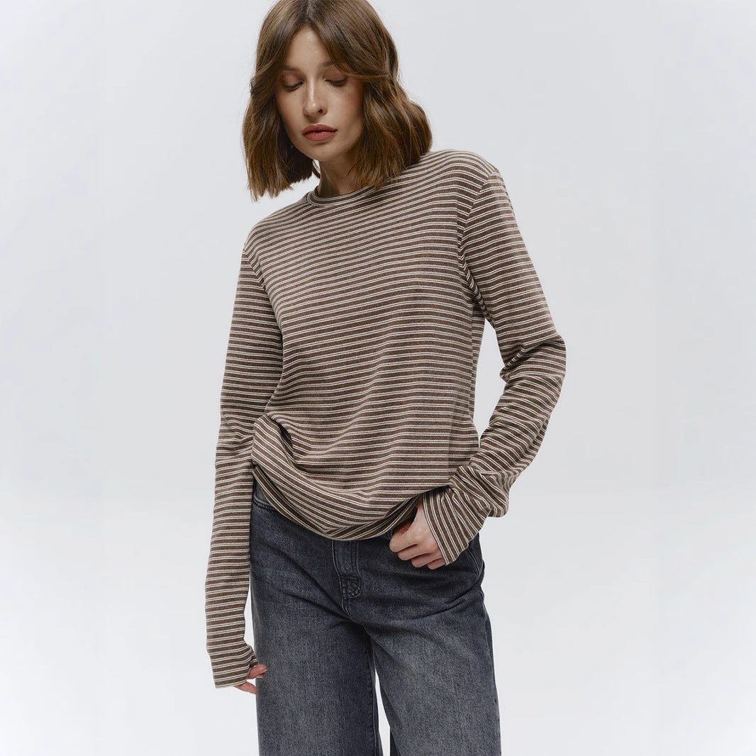 Long Sleeved Striped T shirt Autumn Winter Office Slim Fit round Neck Cotton Bottoming Shirt Long T Shirt Women
