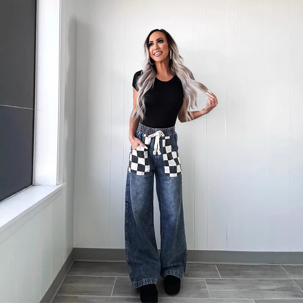 Spring Casual Loose Plaid Contrast Color Women Denim Trousers