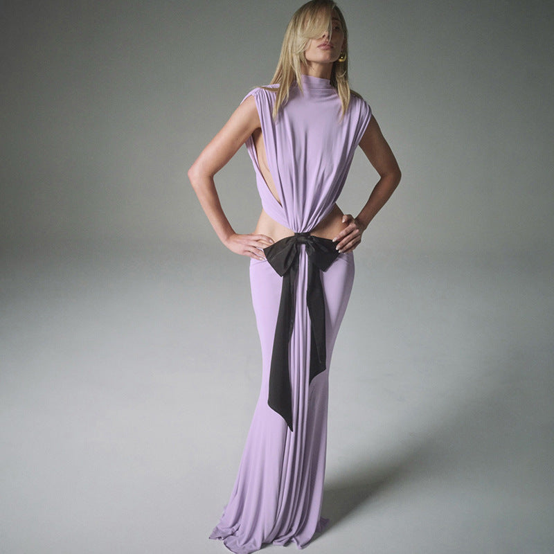Summer Sexy Cropped Outfit Bow Contrast Color Backless Sleeveless Dress Maxi Dress