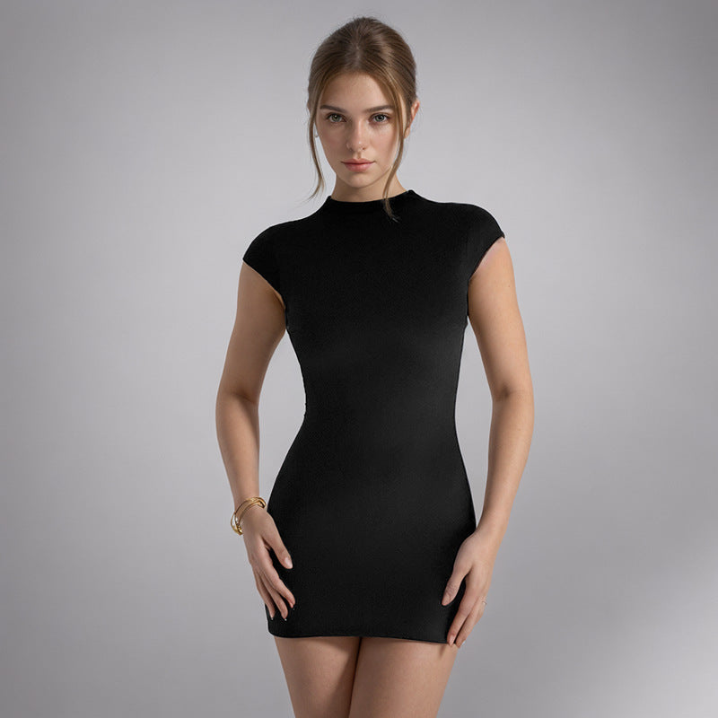 Women Clothing Adult Lady like Woman Elastic Slim Fit Slimming Solid Color Backless Half Turtleneck Short Dress
