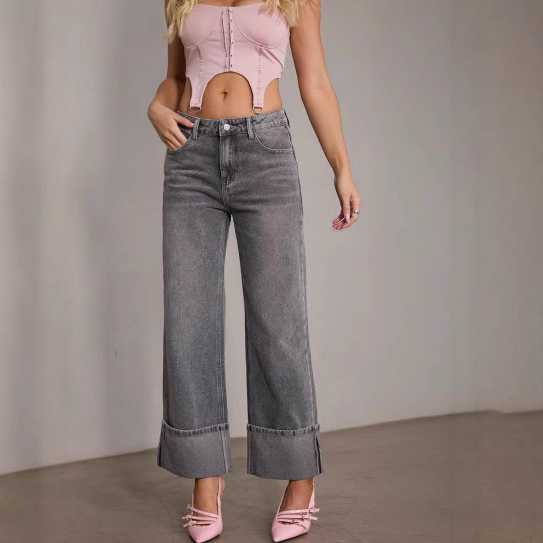 Spring Vintage Stretch Women Straight High Waist Denim Trousers