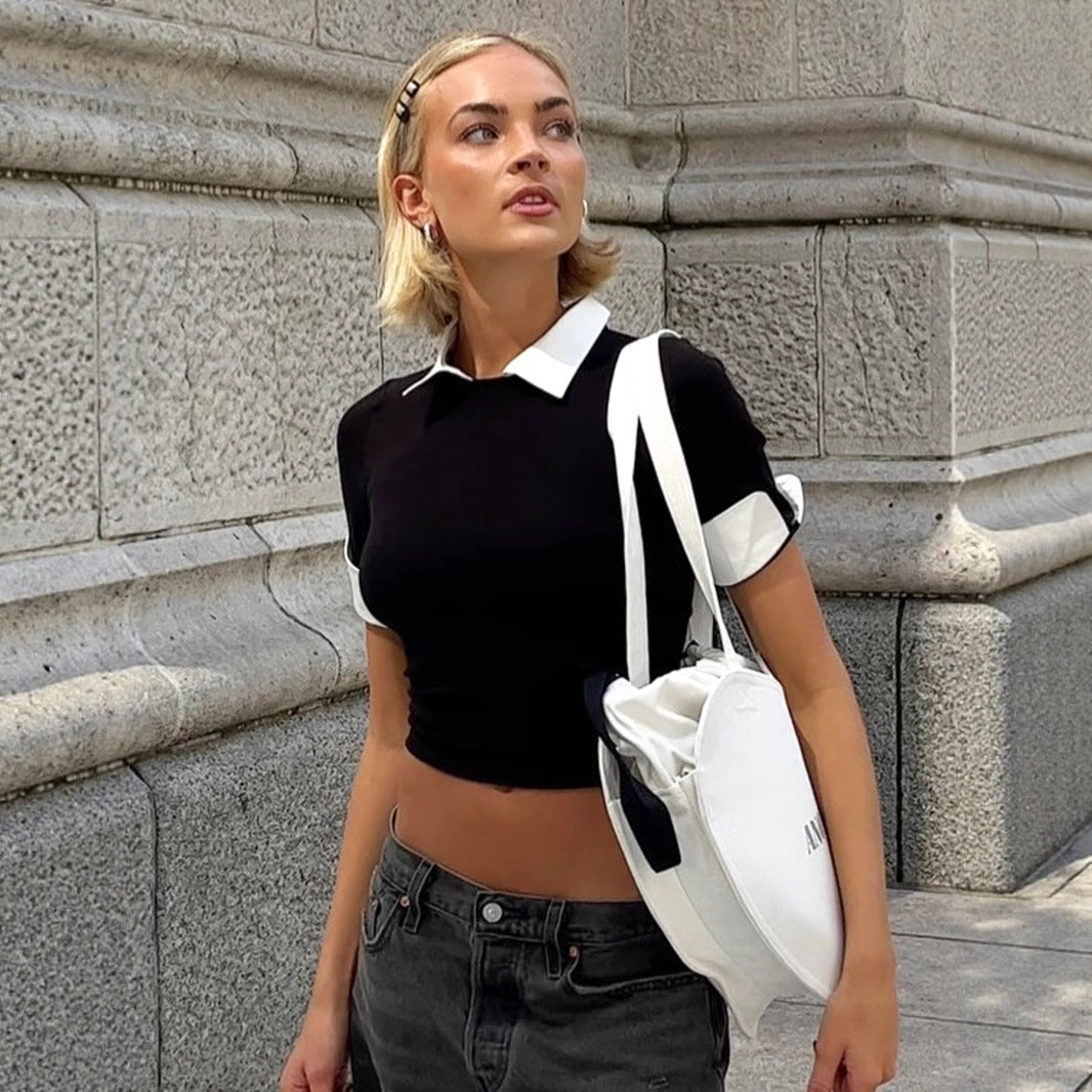 Unique Design Collared Color Matching Short Siren Faux Two Piece Half Sleeve T shirt Sexy Simple Knitting Top