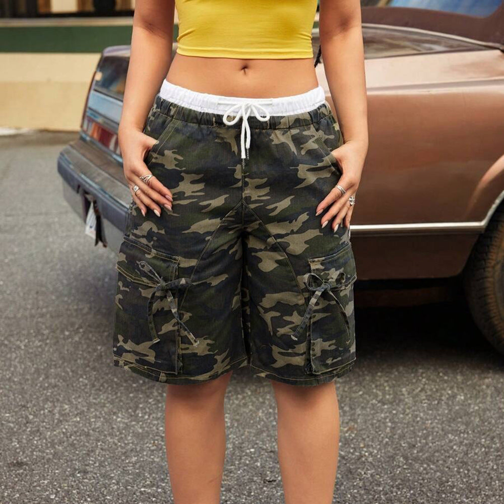 Camouflage Women Clothing Loose Version Double Waist Head Contrast Color Casual Camouflage Pocket Drawstring Shorts