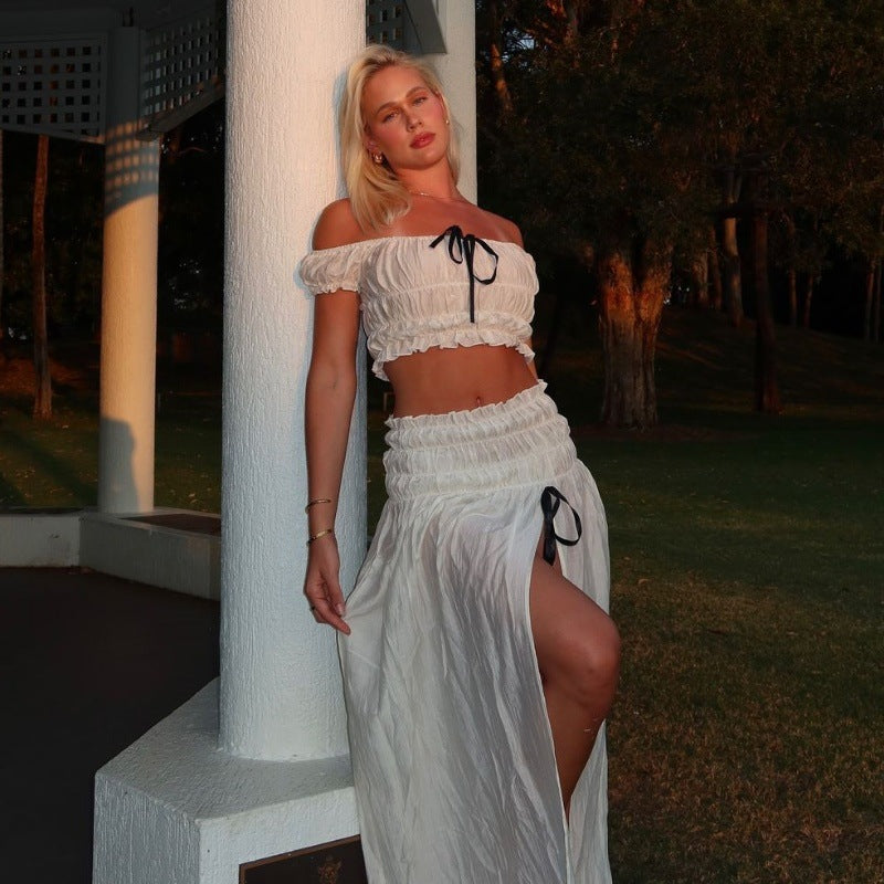 Women Clothing Summer Sexy Vacation off Neck Pleated Top Split Skirt Set