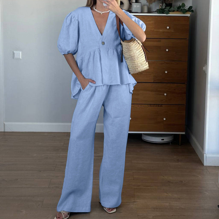 Women Clothing V neck Puff Sleeve Cardigan Top Wide Leg Pants Two Piece Set Spring Summer Cotton Office Sets