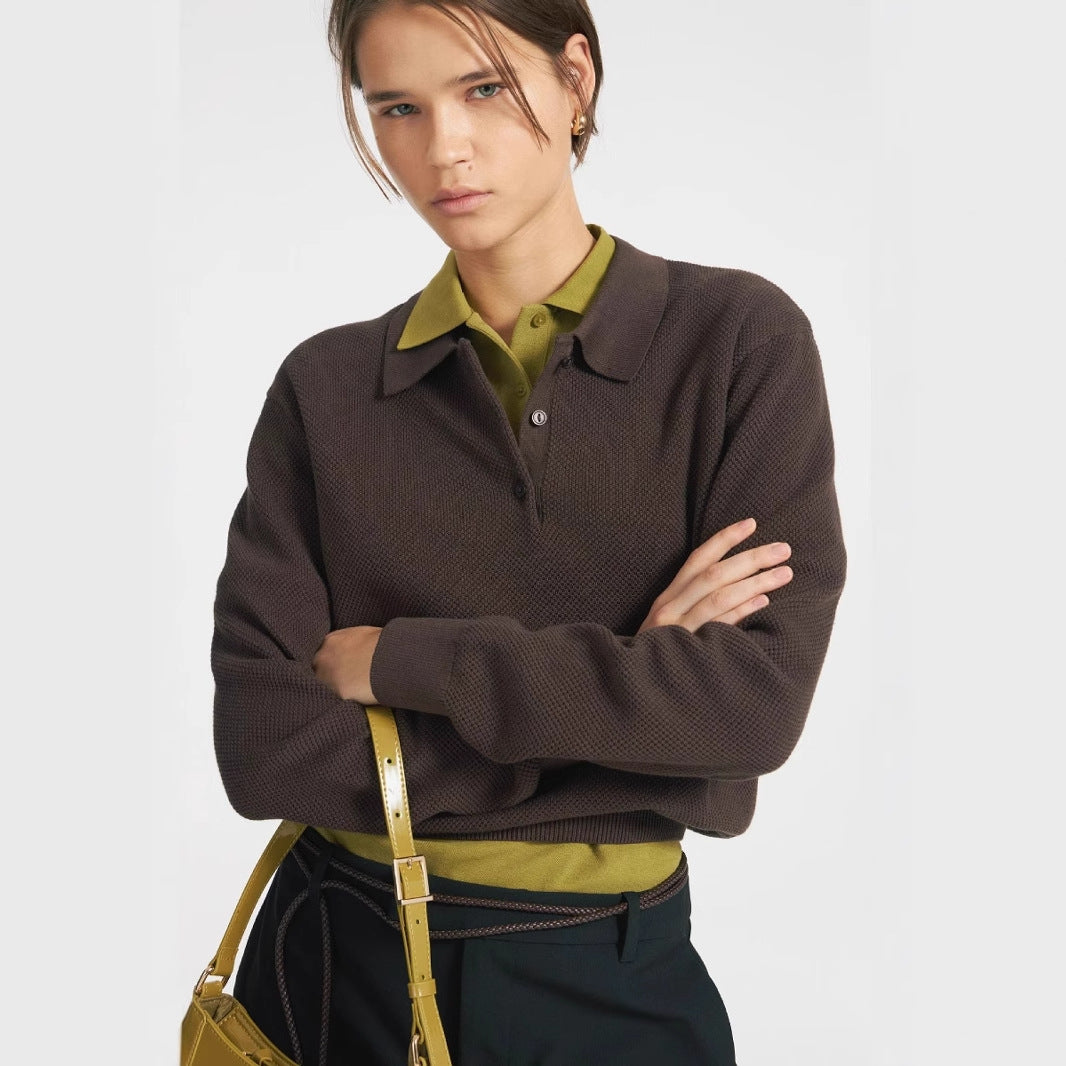 Autumn Winter Polo Collar Solid Color Sweater Women All Match Casual Pullover Sweater