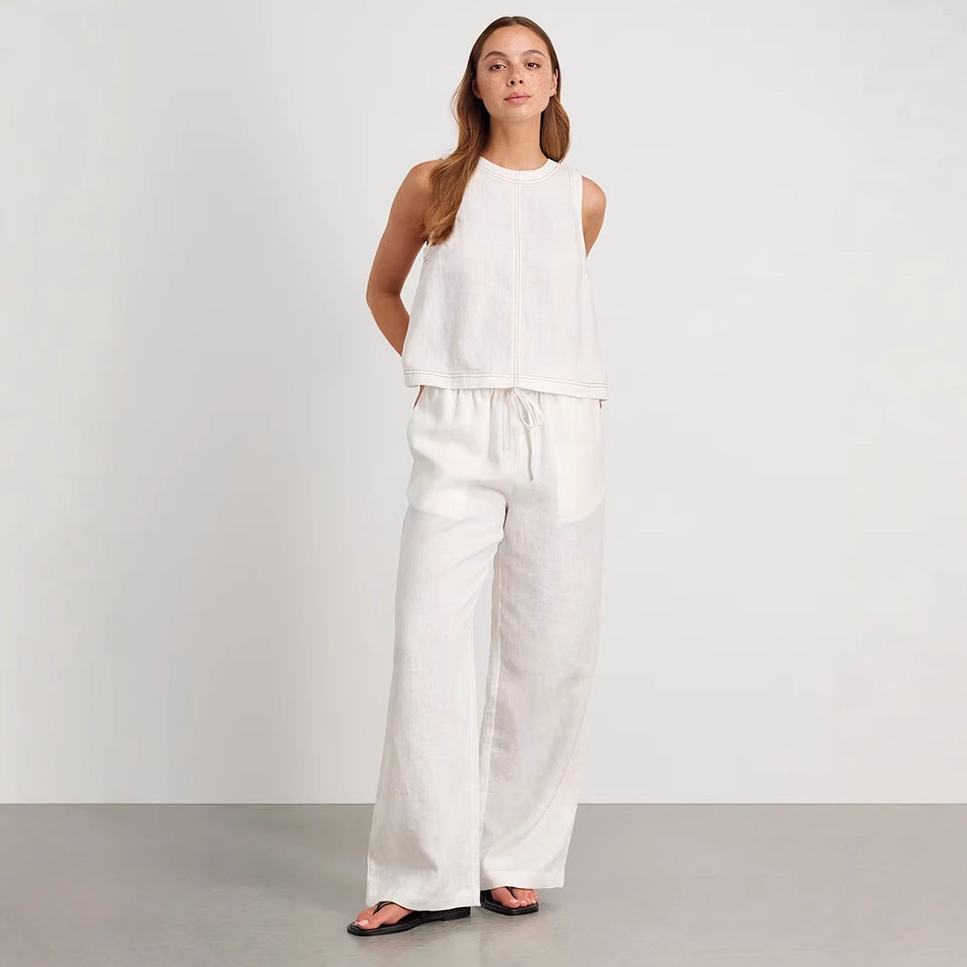 Cotton Linen Vest Pants Set Spring Summer Wide Leg Pants Sleeveless Vest Casual Set Women