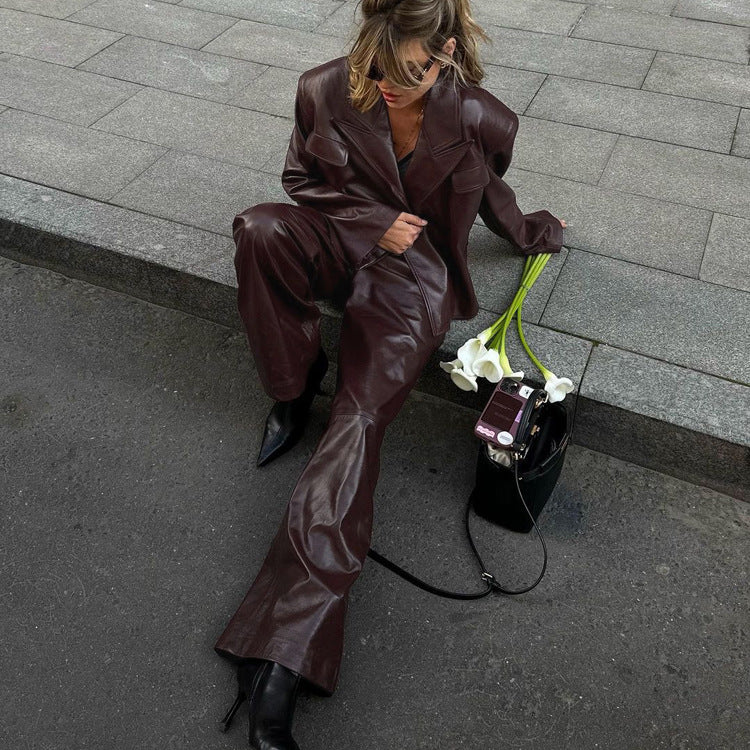 Spring Autumn Retro Green Fruit Collar with Belt Leather Coat High Waist Leather Pants Set for Women