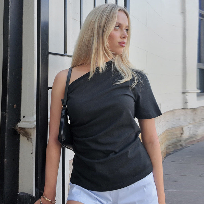Summer Women Clothing All Matching Lazy Sense Casual Comfortable Slimming Shoulder Short Sleeve Top
