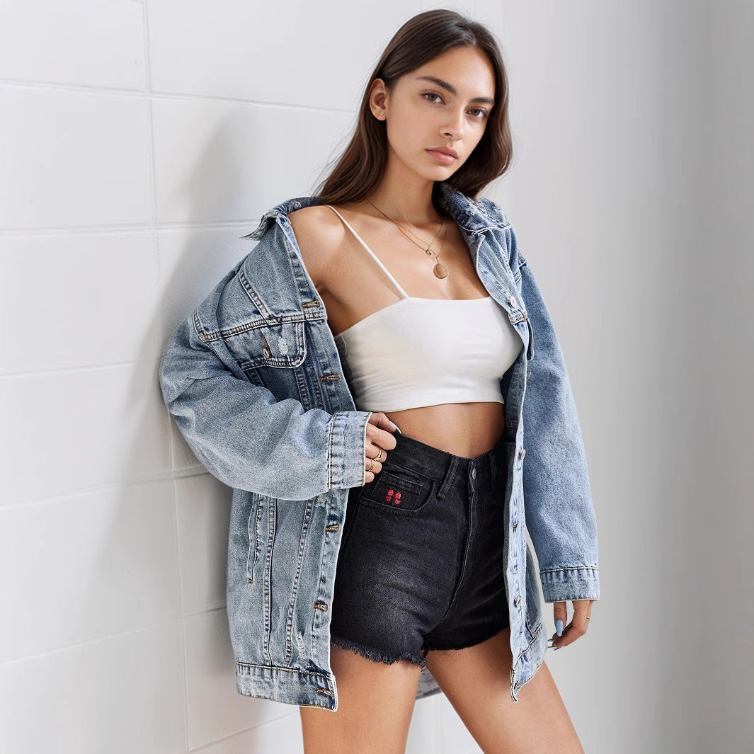 Women Ripped Collared Mid Length Denim Coat