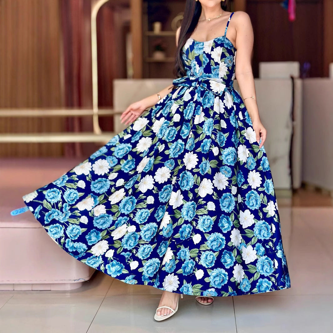 Women Holiday Elegant Floral Printing Slip Dress
