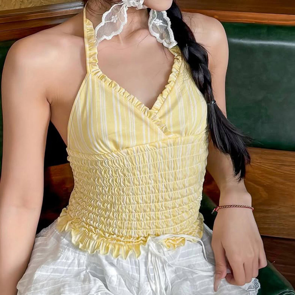 Sexy Halter Striped Pleated Smocking Waist Trimming Spaghetti Straps Vest Short Summer Fresh Top