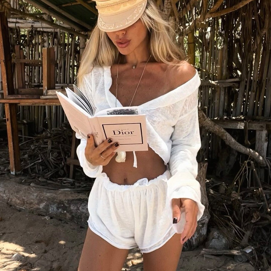 Lace up Cardigan Shorts Pajamas Two Piece Sets Summer Knitted Pajamas Comfortable Homewear Women
