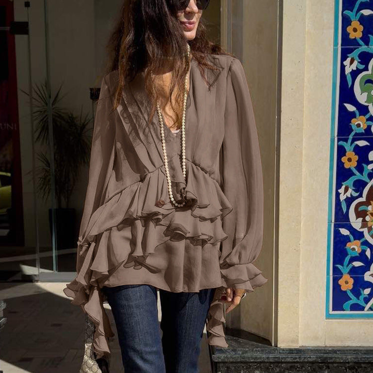 Chiffon V neck Long Sleeve Shirt Women Pleated Loose Office All Matching Top