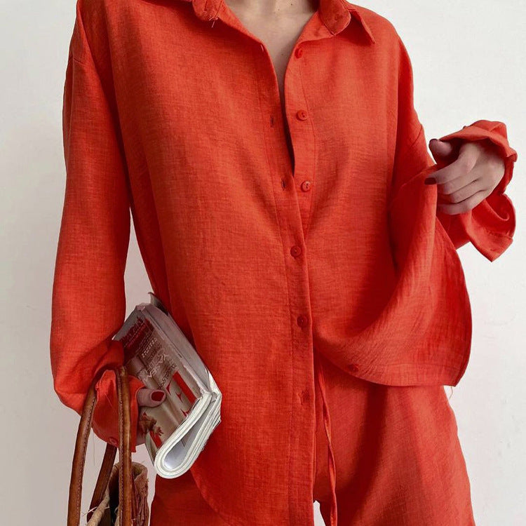 Casual Suit Solid Color Polo Collar Long Sleeve Shirt Top Pants Two-Piece Set