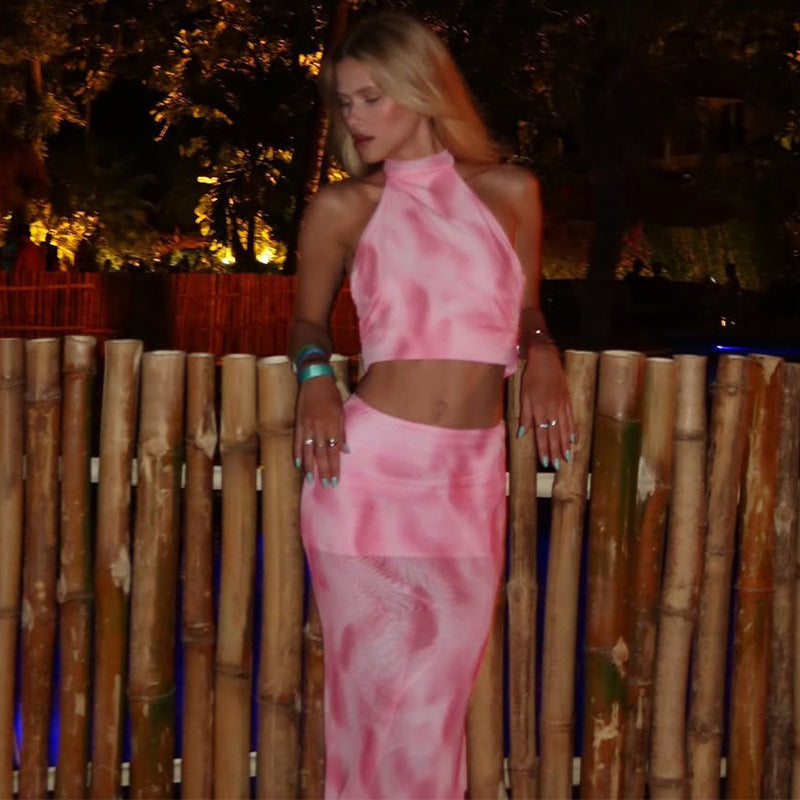 Summer Women Clothing Sexy Halter Backless Print Mesh Skirt Two Piece Set