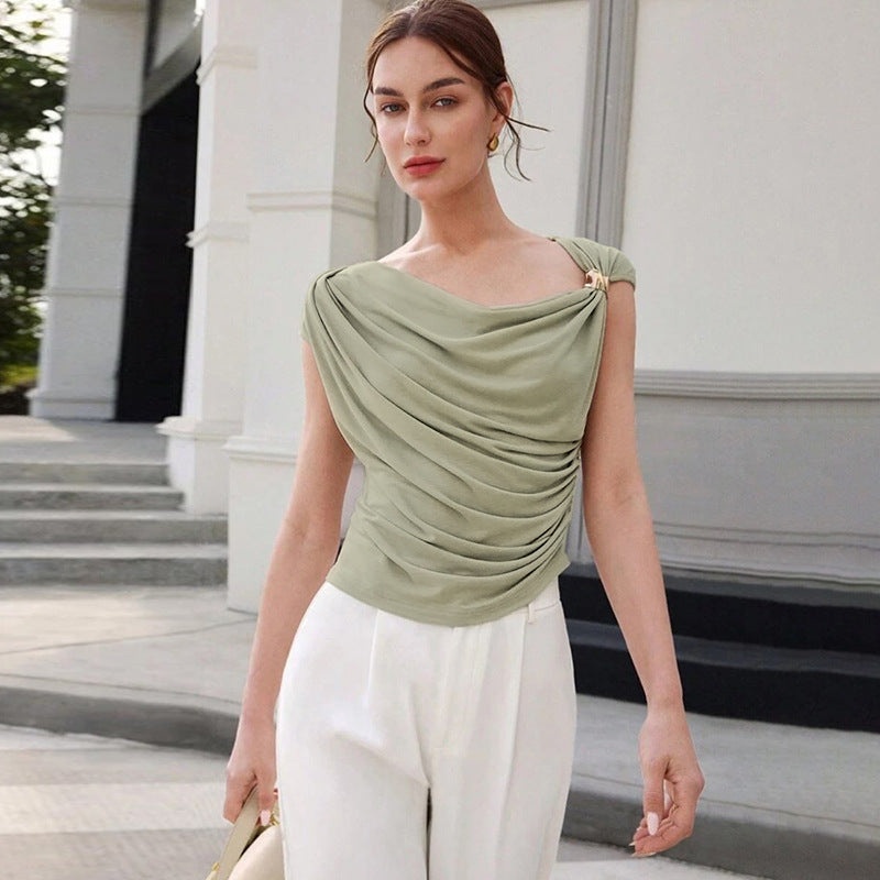 Summer Women Clothing Solid Color Simple Personality Diagonal Collar Sleeveless Cinched Slimming Pullover Women
