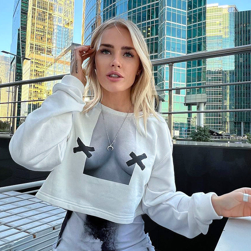Women Clothing Autumn Abstract Printing Long Sleeve Pullover Short Street Sexy Sweatshirt