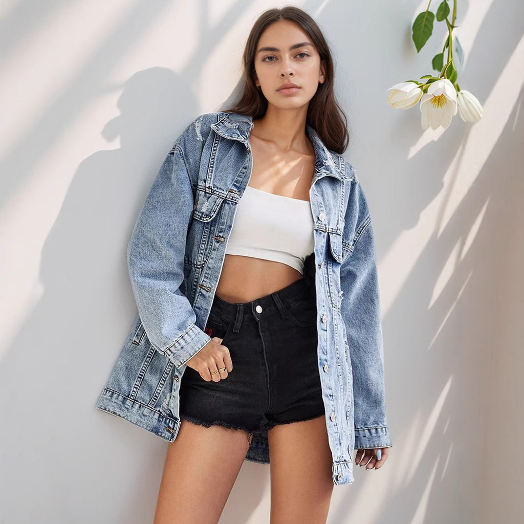 Women Ripped Collared Mid Length Denim Coat