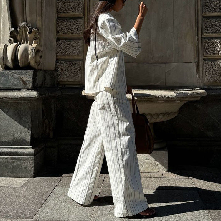 Striped Shirt Trousers Women Polo Collar Three Quarter Length Sleeves Cardigan Top Loose Wide Leg Pants Two Piece Set