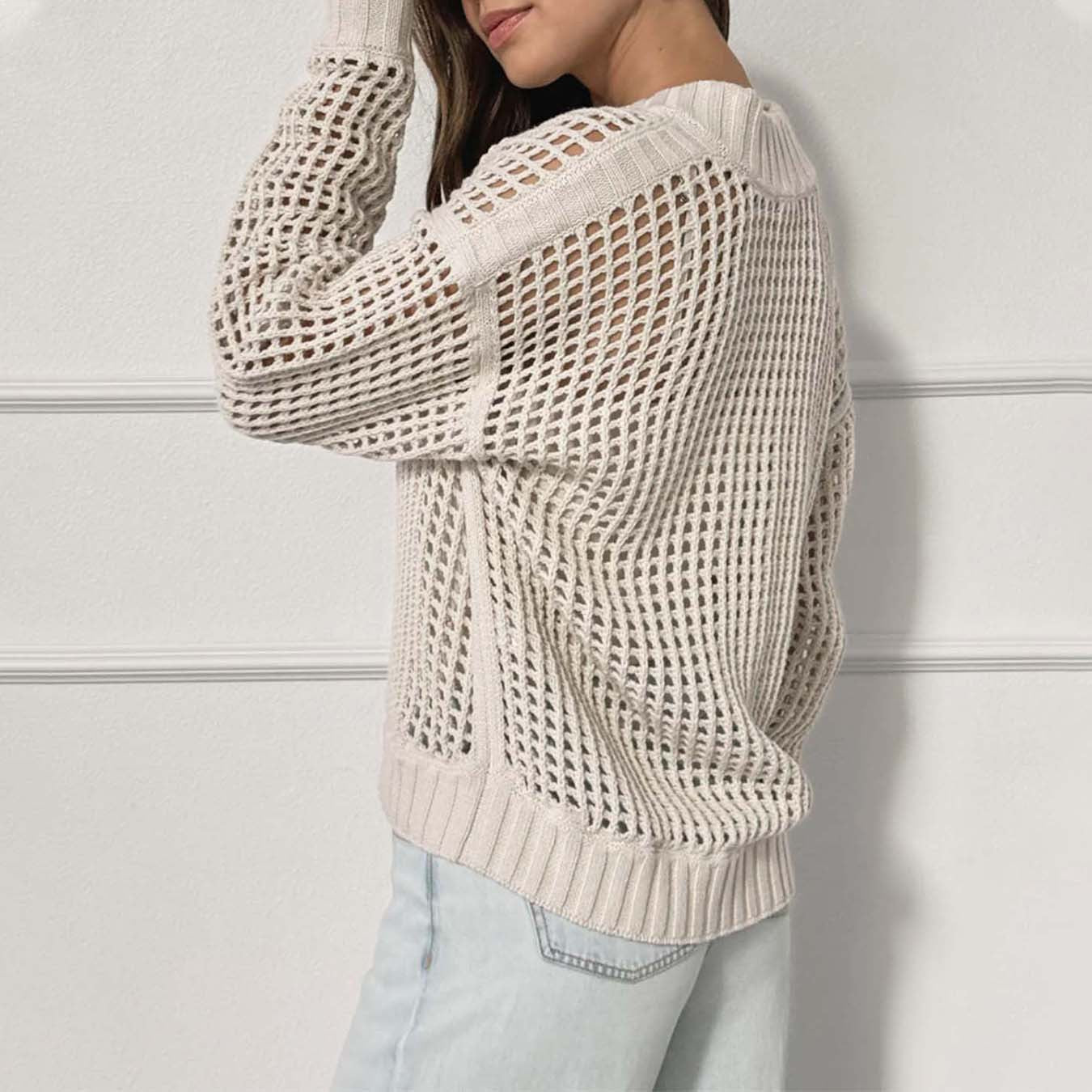 Women Wear Pullover Zipper Half Cardigan Women's Hollow Out Cutout out Long Sleeve Sweater