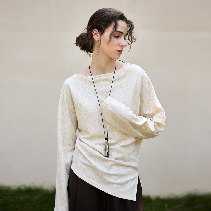 Cotton Linen Knitted off Shoulder T shirt Autumn Winter Side Slit Asymmetric Hem Top Niche Linen Sweater