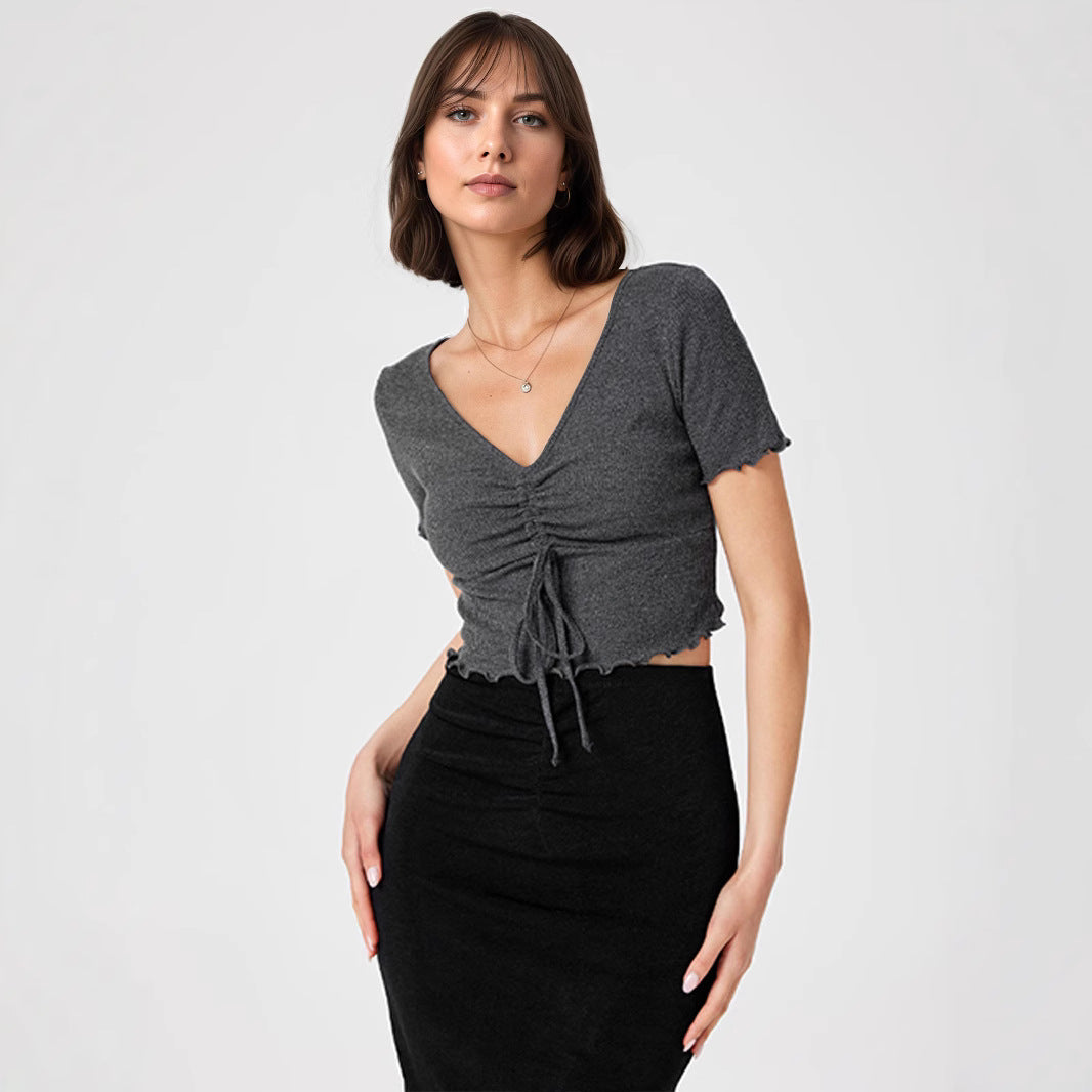 Women Clothing Summer Sexy V neck Drawstring Slimming Short Cropped Outfit Sexy Short Sleeve T shirt Top