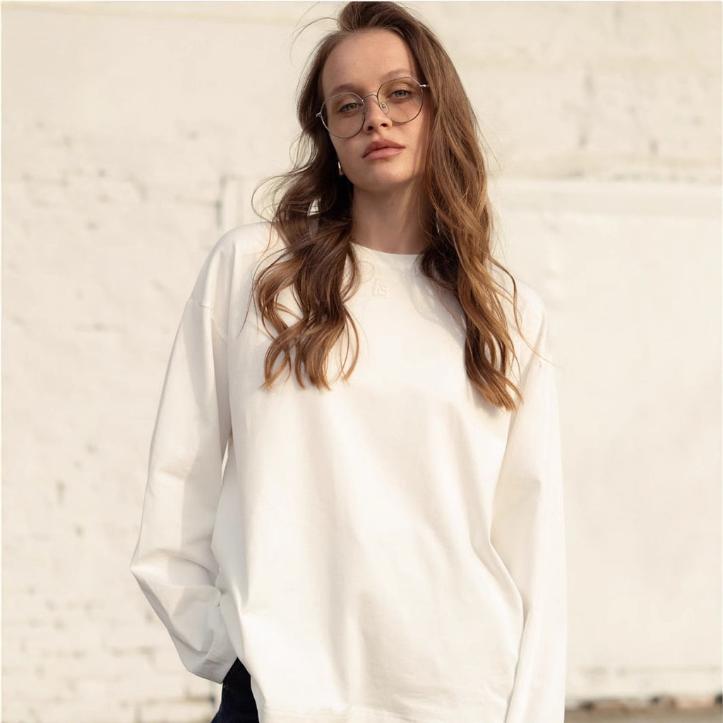 Spring Solid Color Long Sleeved T shirt Women Loose Cotton Crew Neck Basic Top