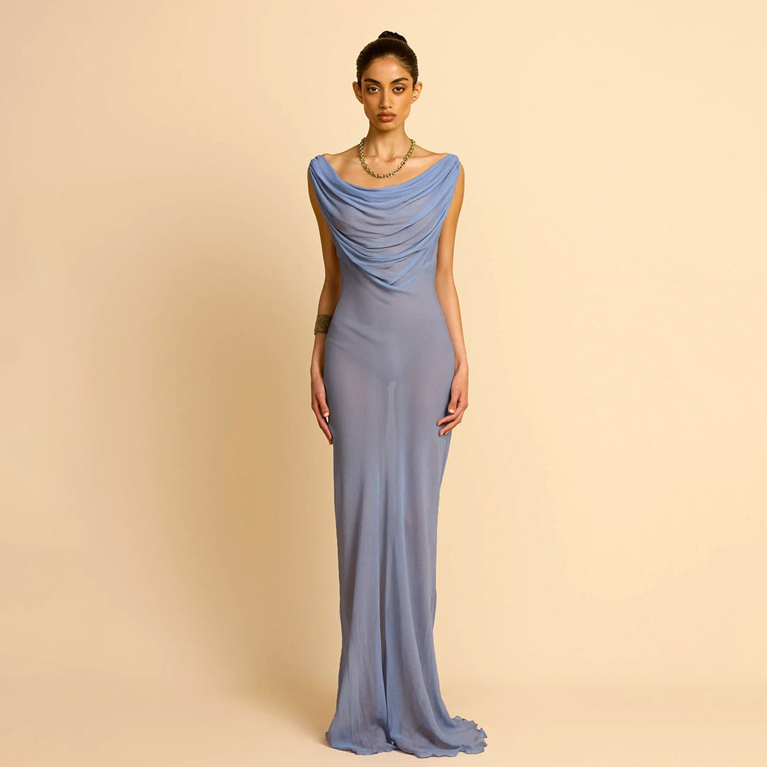 Summer Women Clothing Sexy Mesh See through Halter Backless Slim Maxi Dress
