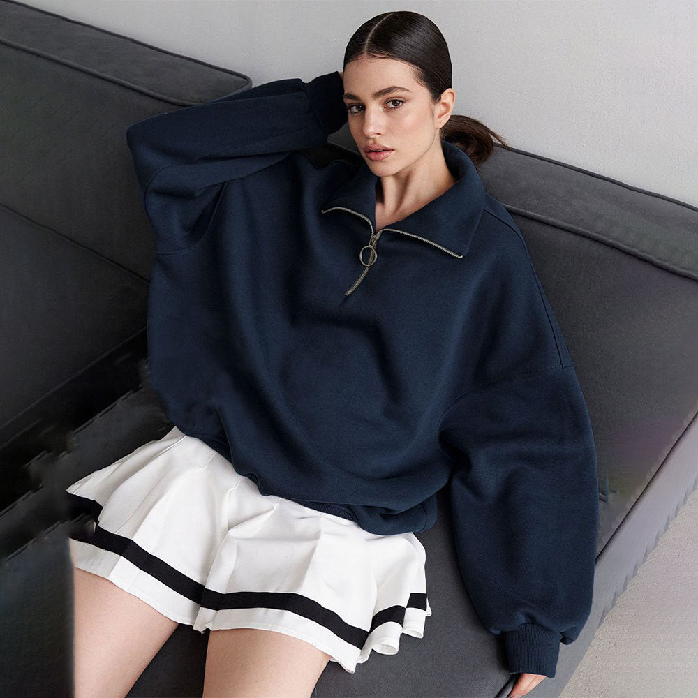 Collared Sweatshirt Autumn Winter Women Unisex Street Loose Lapels Zipper Sweatshirt