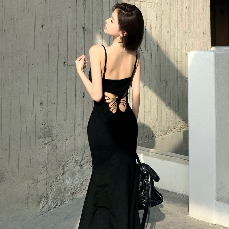 Sexy Solid Color Butterfly Pattern Hollow Out Cutout Adjustable Strap Long Sheath Dress