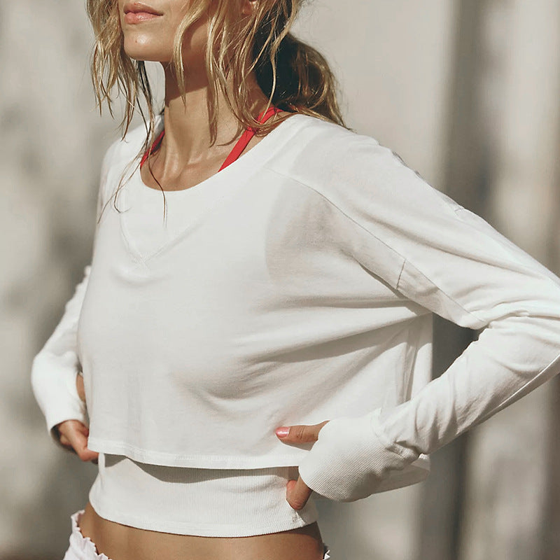 Solid Color Cropped T shirt Women Cotton All Match Long Sleeved Bottoming Shirt Autumn Sports round Neck Thin Sweater
