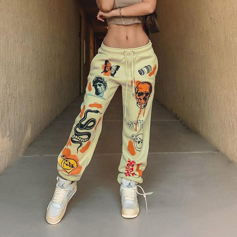 Women Cartoon Harajuku Print Jogger Pants Drawstring Tooling Street Casual Sports Pants Autumn Winter