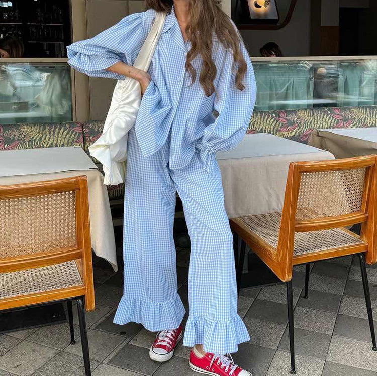 Casual Plaid Sets Women Clothing Polo Collar Bell Sleeve Shirt Ruffled Trousers Two Piece Set