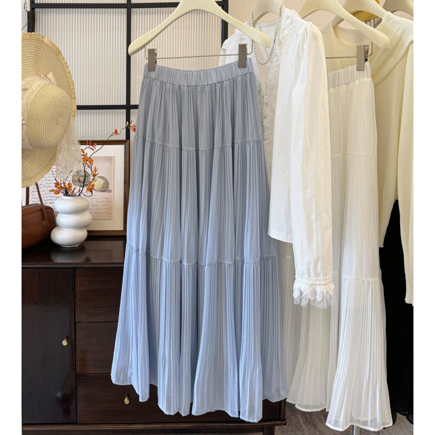 Heavy Duty Pleated Chiffon Skirt High Waist Slimming Gentle All Match Draping Long Skirt Women Skirt