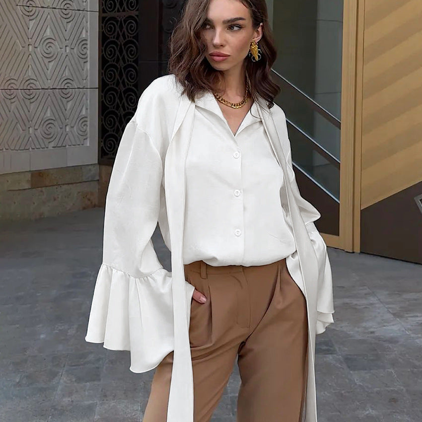Autumn Winter Lazy Beige Elegant Matte Satin Tie Neck Bell Sleeve Top Ruffled Tied Shirt