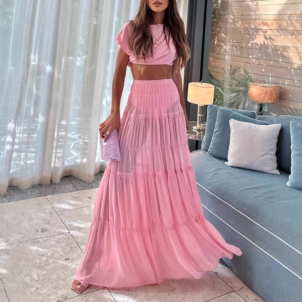 Round Neck Pleated Jacket Pink Patchwork Maxi Dress Two Piece Sets