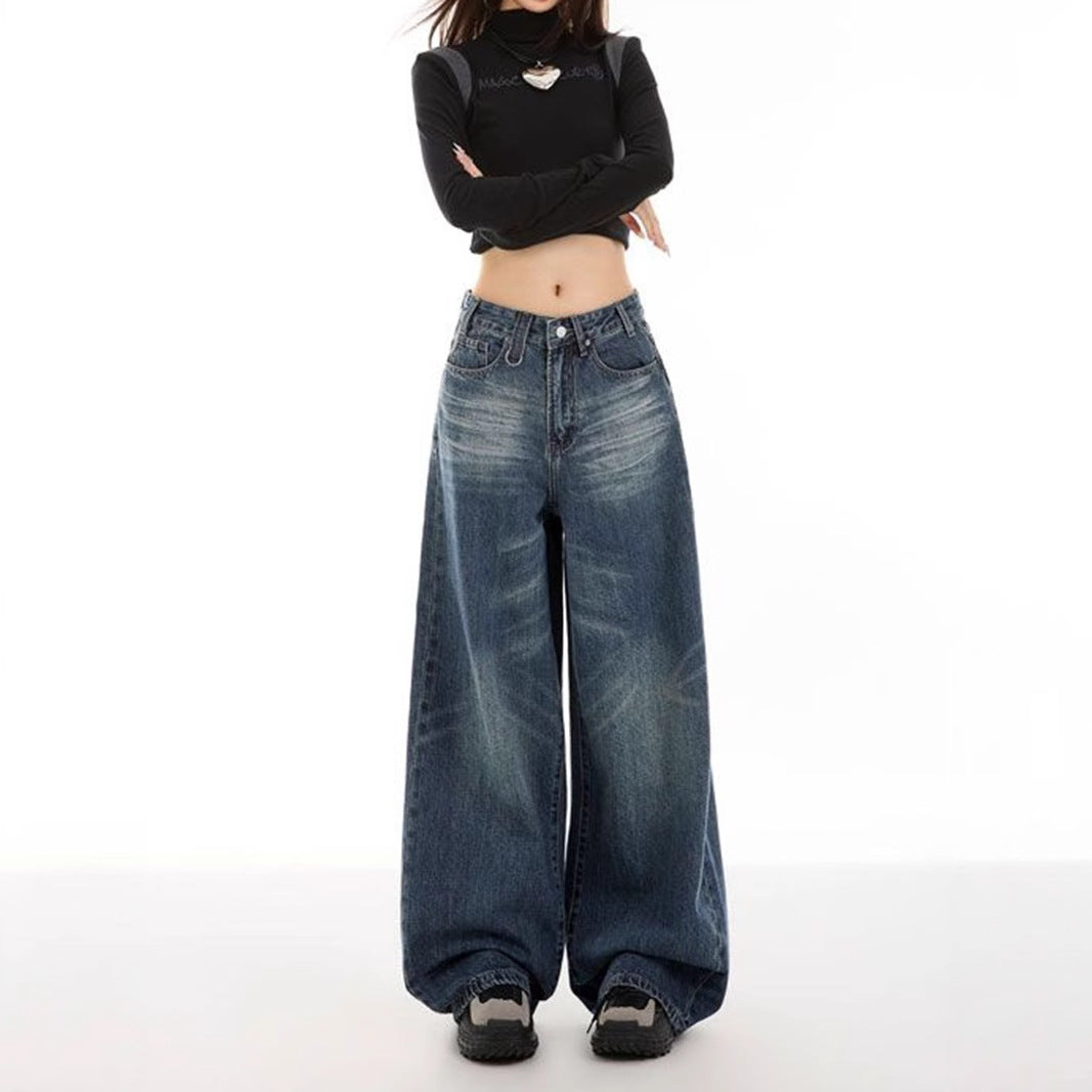 Retro Easy Matching Straight Drooping Wide Leg Women Clothing Denim Trousers