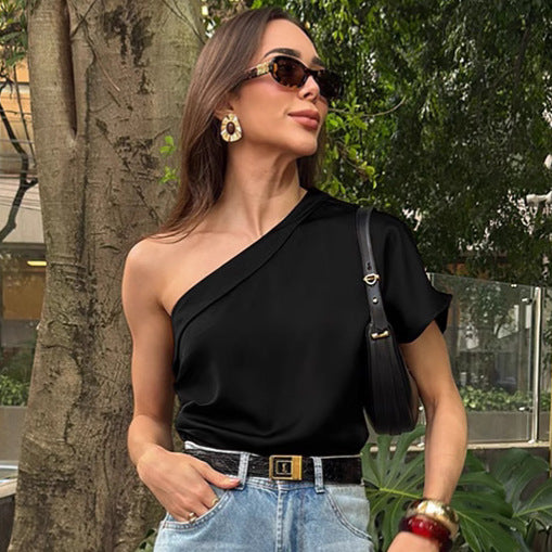 Spring Summer Irregular Asymmetric Collar Matte Satin off the Shoulder T shirt Top for Women