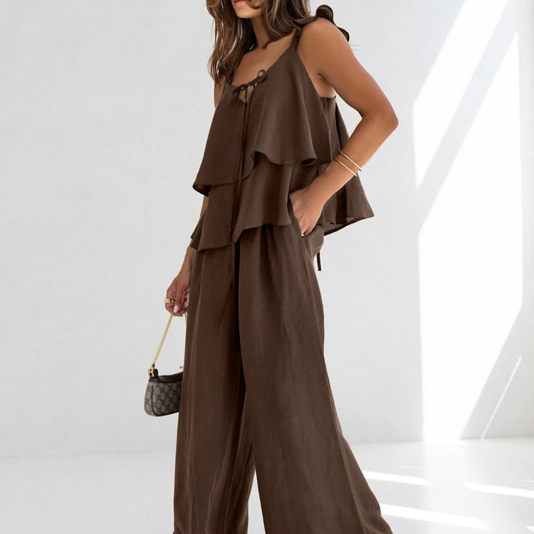Women Lace up Backless Sleeveless Sling Top Wide Leg Pants Two Piece Summer Outfit