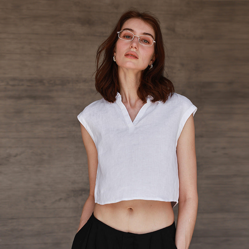 Linen V neck Sleeveless Short Shirt Summer Simple Office Polo Collar Top High Vest for Women