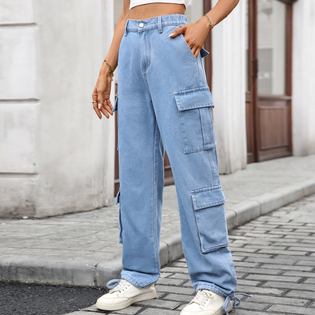 Women Loose Drawstring Design Denim Overalls Casual Sports
