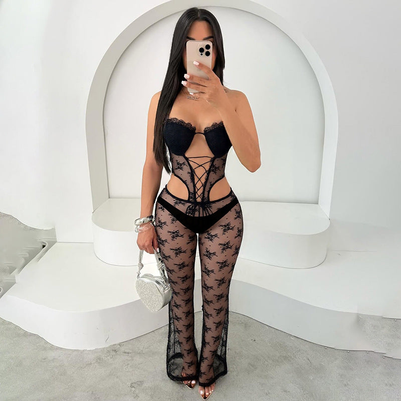 Women Spring Summer Lace Ribbon Padded Halter Lace up Tube Top Hollow Out Cutout-out Cropped Jumpsuit