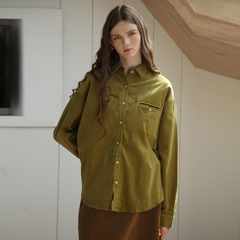 Autumn Winter Retro Elegant Corduroy Women Shirt French High Grade Loose Long Sleeve Collared Shirt for Women