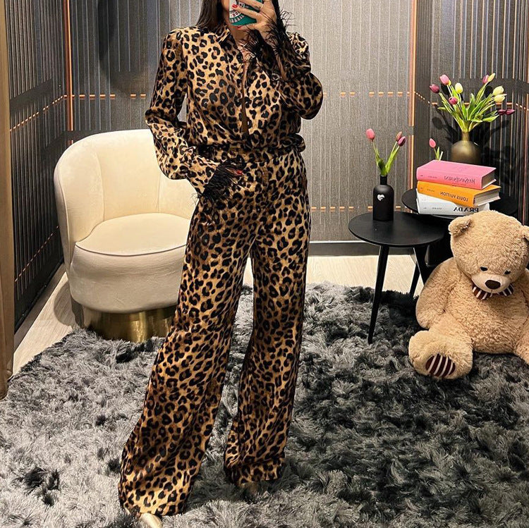 Leopard Print Printing Women Design Stitching Feather Long Sleeve Shirt High Waist Wide Leg Pants Two Piece Set