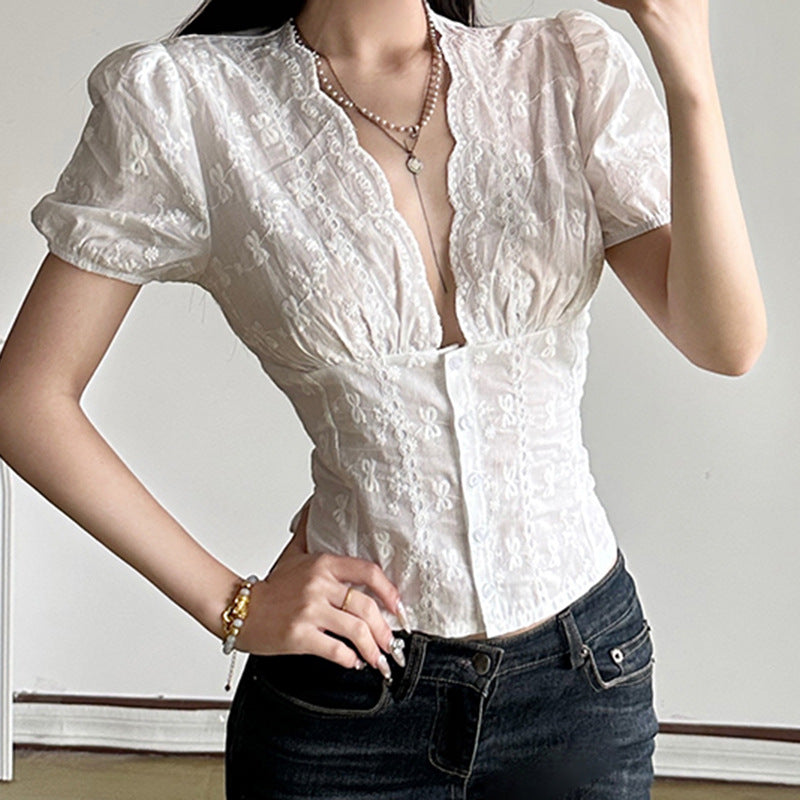 Niche Design Jacquard Waist Tight Small Shirt French Sexy Spring Girl Element Puff Sleeve Cardigan Top