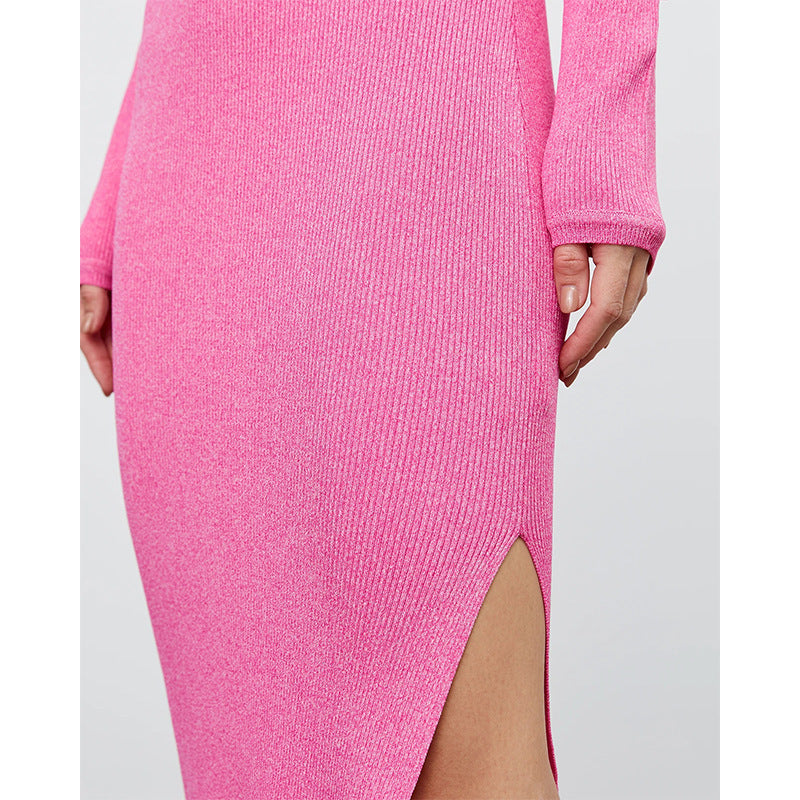 Crew Neck Split Knitted Dress Autumn Winter Wild Solid Color High Waist Tight Dress