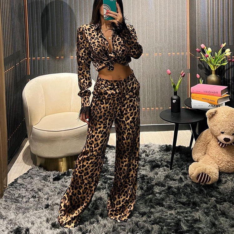 Leopard Print Printing Women Design Stitching Feather Long Sleeve Shirt High Waist Wide Leg Pants Two Piece Set